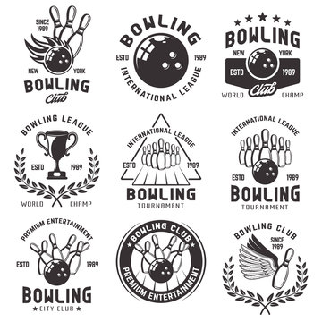 Bowling set of vector emblems, badges and labels