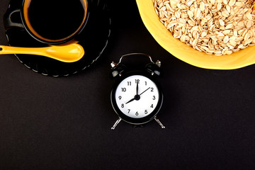 Morning coffee, granola breakfast, alarm clock