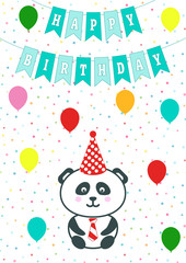 Greeting card with confetti, flags and baloons. Vector illustration. Baby boy arrival announcement, shower card. Panda cartoon bear cub. Happy birthday card with panda boy in hat and red tie.