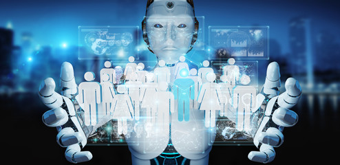 White cyborg controlling group of people 3D rendering