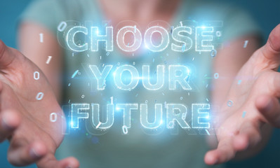 Businesswoman using future text interface 3D rendering