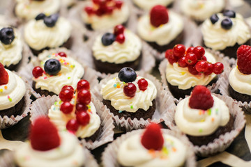 Different dessert tartlets with cream and fresh blueberry and raspberry. Selective focus. candy bar concept