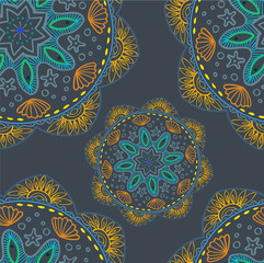 Seamless pattern. Ethnic mandala with decorative ornament, doodle fishes, wind. Vector illustration