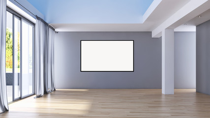 Modern bright interiors apartment with mockup poster frame 3D rendering