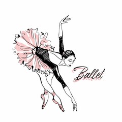 Ballerina in pink ballet tutu. Dancer in a beautiful pose. Ballet. Inscription. Vector illustration. © Olga