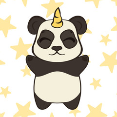 Cute panda bear character with unicorn horn isolated. Panda-unicorn in cartoon style flat design vector illustration. Bearcat stand front view. Funny magic fantasy animal for children. Happy pandacorn