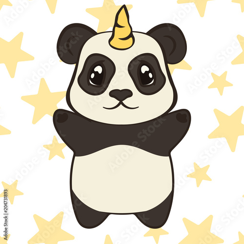 Cute Panda Bear Character With Unicorn Horn Isolated Panda Unicorn In Cartoon Style Flat