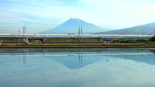 Mt. Fuji, Shinkansen and Inverted Fuji in the Paddy Field, from Tokyo.