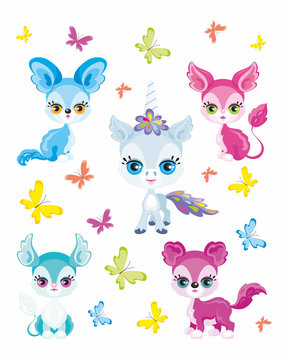 Fairy tale animals set. Children vector illustrations isolated on a white background.