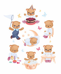 Teddy bear set in a cartoon style. Vector illustrations isolated on a white background.