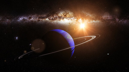 Obraz premium planet Neptune with its rings lit by the Sun and the Milky Way galaxy