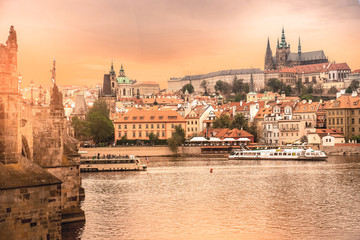 Naklejka na ściany i meble Prague, Czech Republic - April 24, 2018: Prague is the capital of the Czech Republic, the European state. Historical sights. Artistic style post processed photo.