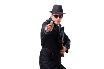 Man spy with handgun isolated on white background