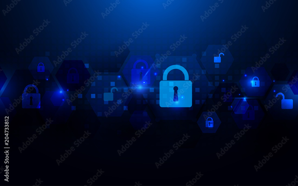 Poster abstract technology and security icons concept on dark hexagons background