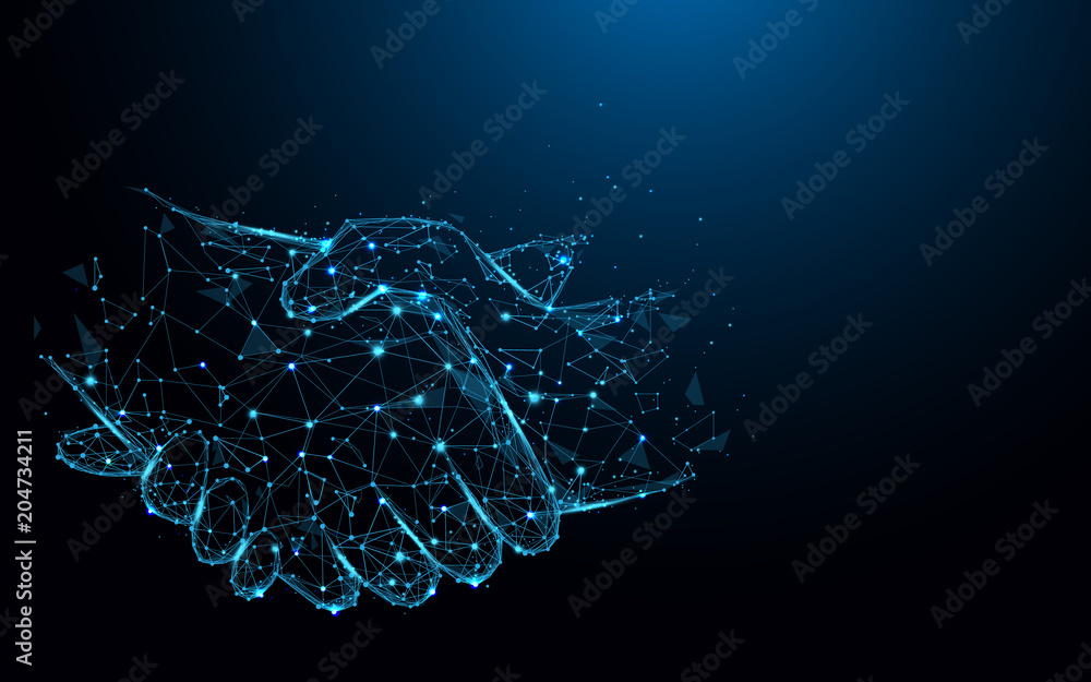 Poster business handshake lines and triangles, point connecting network on blue background. illustration ve