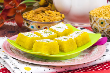 Indian Sweet Kopra pak Also Know as Barfi is a Gujarati style of making coconut burfi. This sweet or mithai is made from freshly grated coconut, sugar, milk and mawa.