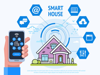 Smart House Technology Concept. Human hand holding smartphone with control system app.