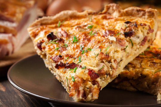 Pieces of quiche lorraine with bacon and cheese