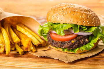 hamburger and french fries