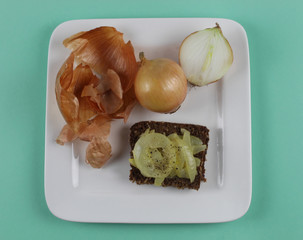 Zwiebel mit Brot und Teller auf grünem Hintergrund