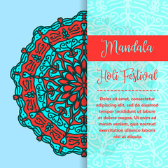 Vector mandala Holi. Happy Holi festival greeting card design with Mandala. Oriental pattern illustration. Islam, Arabic Indian turkish motifs