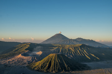 Scenery Semeru volcano was spewing smoke and Bromo volcano crater that still erupt in Indonesia
