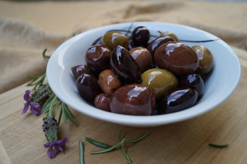 mix of Greek olives with rosemary and lavender
