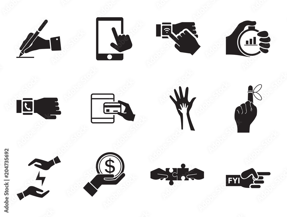 Poster hands simple icons set with handshake, helping hands and reminder hand. thirteen vector icons