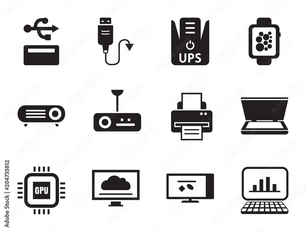 Poster internet vector icons set with printer, scanner and digital projector. thirteen simple icons
