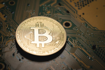 close up of Bitcoin money mining connect Internet Network