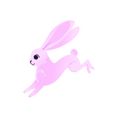 Cute pink rabbit. Funny hand drawn animal running cheerfully. Hare with long ears. Sweet easter symbol. Vector illustration isolated in cartoon style.