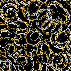 Abstract seamless geometric pattern. Waves, meandering stripes, paint stains. Gold on a black background. Vector illustration.