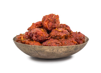 Indian Cuisine Vegetable Manchurian Also Know as Gobi Manchurian is a popular Indo Chinese Street food isolated on white background