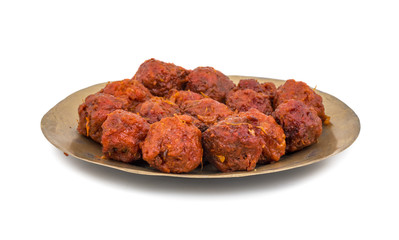 Indian Cuisine Vegetable Manchurian Also Know as Gobi Manchurian is a popular Indo Chinese Street food isolated on white background