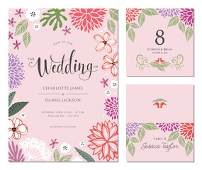 Wedding invitation, table number and name place card design. 