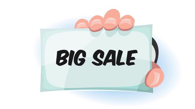 Animated Comic Hand Holding Sale Sign/
Cartoon animation of a funny businessman hand holding and showing sign with sale advertisement