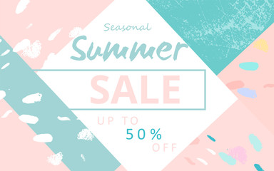 Trendy Sale Banner Design with different hand drawn confetti organic shapes and textures. Social Media Cute backdrop for advertising, web design, posters, invitations, greeting cards, birthday