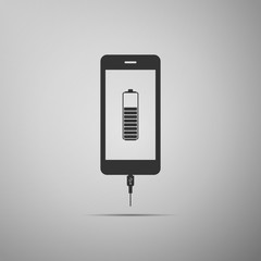 Smartphone battery charge icon isolated on grey background. Phone with a low battery charge and with USB connection. Flat design. Vector Illustration