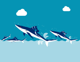 Competition, Business team ride shark, Concept business vector illustration, Flat design, Cartoon character style.