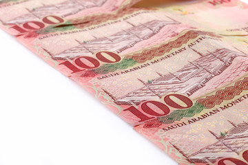 Saudi Arabia Hundred Riyal banknotes isolated on white background