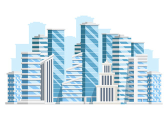 Group of skyscrapers. Business building collection. City design elements. Vector illustration on white background. Web site page and mobile app design