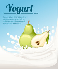 Pear flavored yogurt. Milk splashing and pear fruit. Yogurt ads in flat style. Vector illustration on light blue background. Place for your text