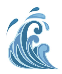 Obraz premium Stormy sea blue wave icon with water splashes and swirling drop. Nature or marine design. Flat style. Vector illustration isolated on white background