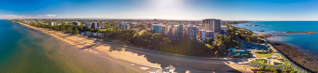 BRISBANE, AUS - MAY 13 2018: Panoramic aerial image of Sutton Beach area, taken by the drone.