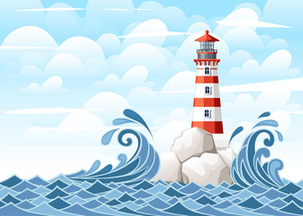 Stormy sea with lighthouse on rock stones island. Nature or marine design. Flat style. Vector illustration with sky and clouds background