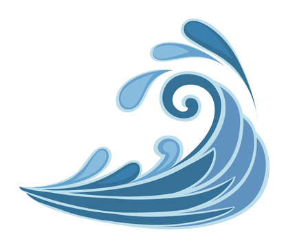 Stormy sea blue wave icon with water splashes and swirling drop. Nature or marine design. Flat style. Vector illustration isolated on white background