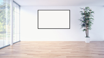 Modern bright interiors apartment with mockup poster frame 3D rendering