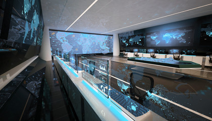 Command center, control room, futuristic design, smart cities, data center, cryptocurrency - obrazy, fototapety, plakaty