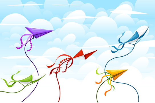 Colorful kite collection. Outdoor summer activity objects. Cute flying toys. Holiday childhood entertainment. Vector illustration with sky and clouds background