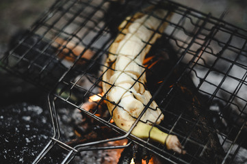 Roasted banana at the stake